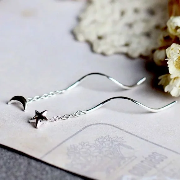 Sterling Silver 925 Star Moon Drop Earrings - Picture 1 of 4